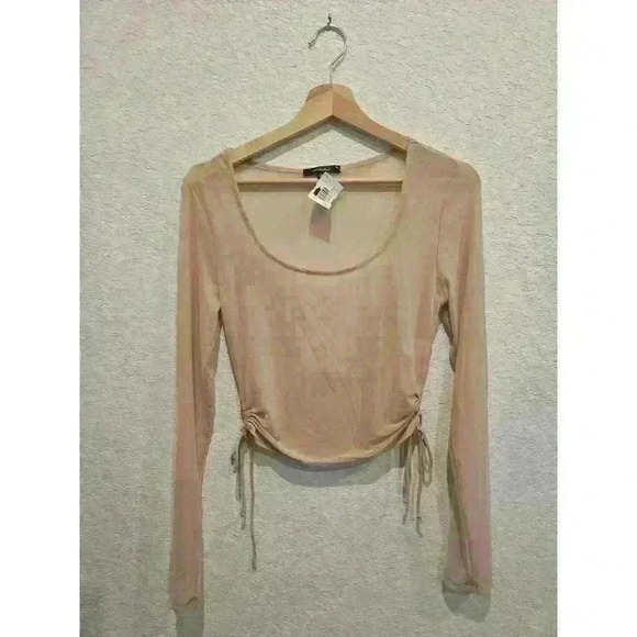 Nwt. Nude Mesh Top with cinched side for crop top look. Long Sleeve. Large size. - Picture 1 of 3